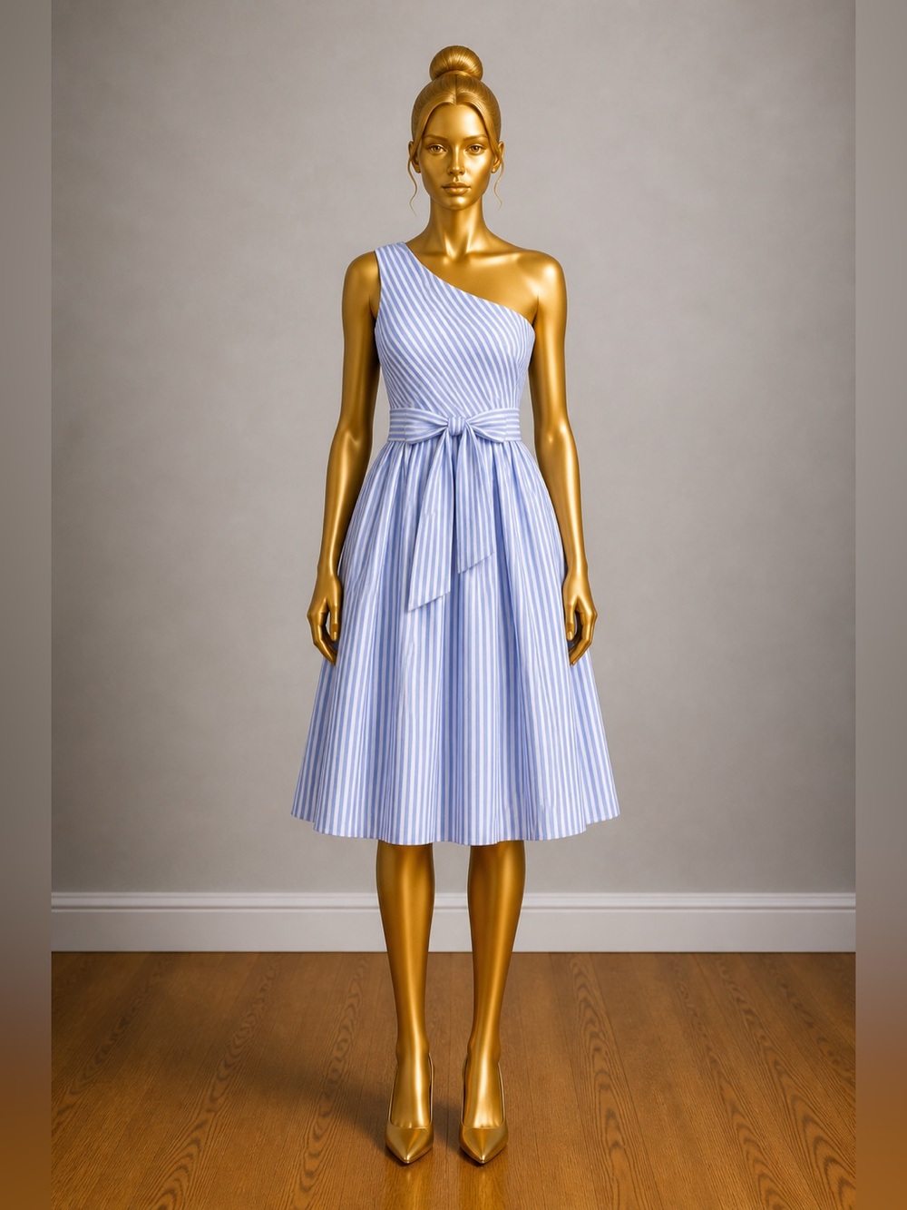 SHEIN One-Shoulder Blue and White Striped Dress